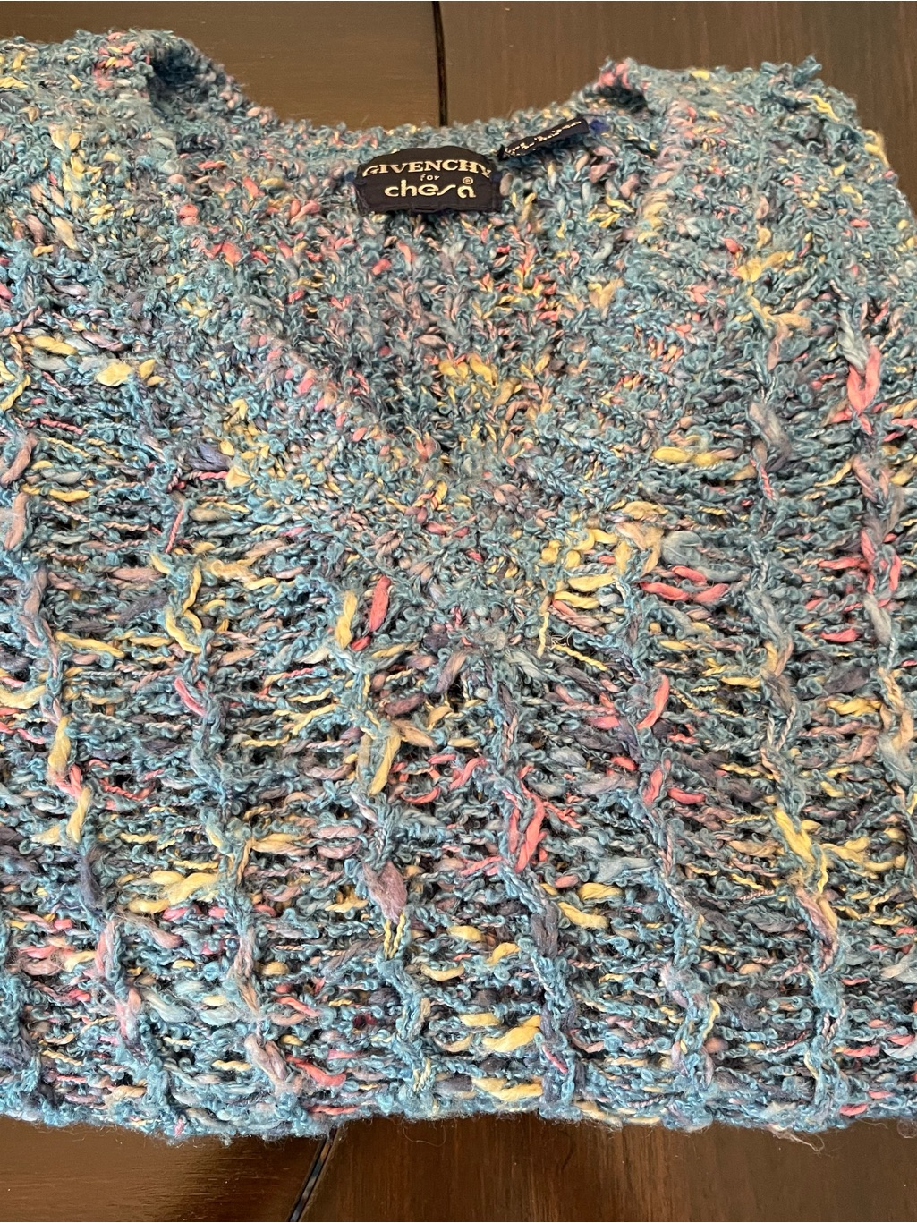 Givenchy Blue Multi-Colour Open Knit V-Neck Sweater